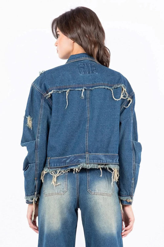 American Bazi Full Size Distressed Frayed Edge Zip Up Denim Jacket Plus Size - ShalayeFashion