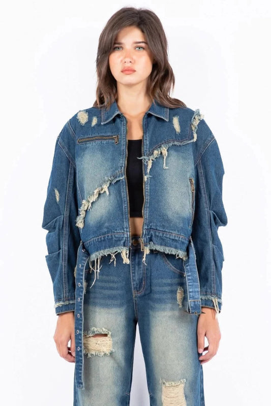 American Bazi Full Size Distressed Frayed Edge Zip Up Denim Jacket Plus Size - ShalayeFashion