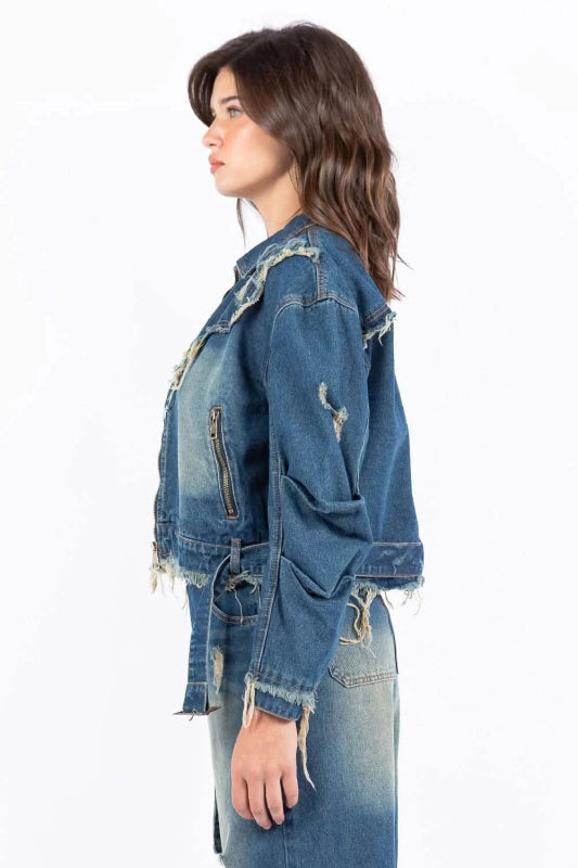 American Bazi Full Size Distressed Frayed Edge Zip Up Denim Jacket Plus Size - ShalayeFashion