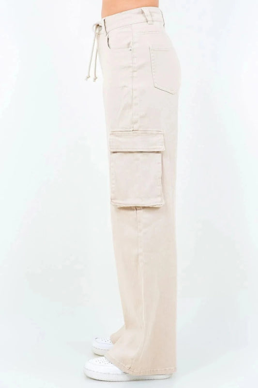 American Bazi Full Size Drawstring Wide Leg Cargo Pants Plus Size - ShalayeFashion