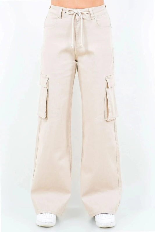 American Bazi Full Size Drawstring Wide Leg Cargo Pants Plus Size - ShalayeFashion