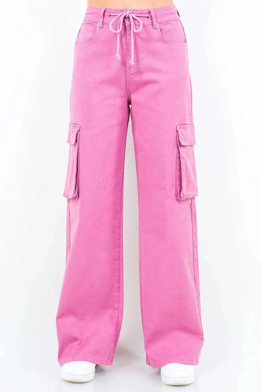 American Bazi Full Size Drawstring Wide Leg Cargo Pants Plus Size - ShalayeFashion