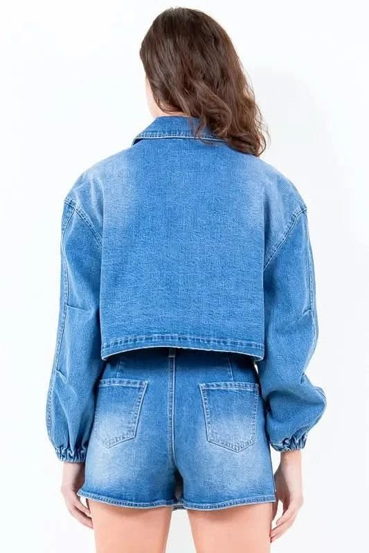 American Bazi Full Size Drop Shoulder Cropped Denim Jacket with Waist Strap Plus Size - ShalayeFashion