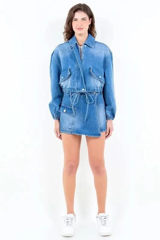 American Bazi Full Size Drop Shoulder Cropped Denim Jacket with Waist Strap Plus Size - ShalayeFashion