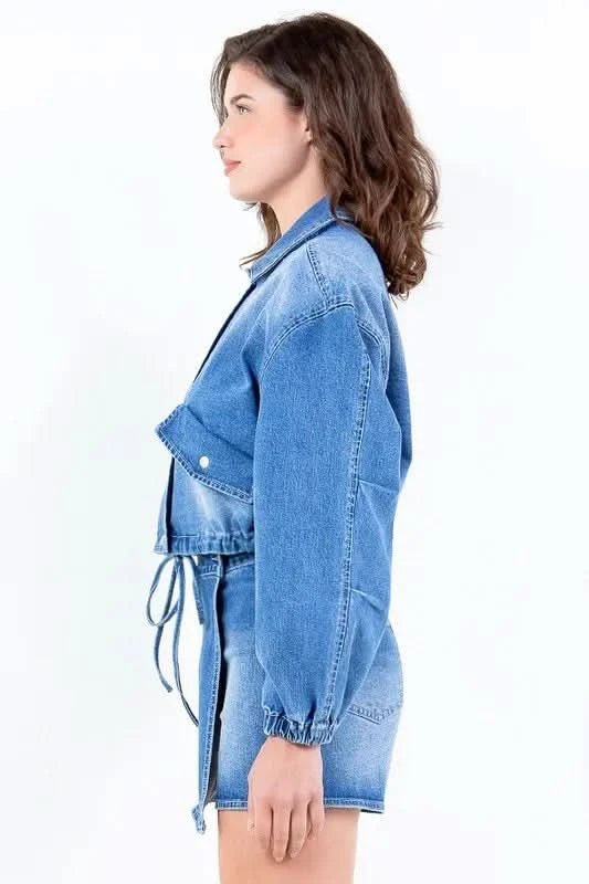 American Bazi Full Size Drop Shoulder Cropped Denim Jacket with Waist Strap Plus Size - ShalayeFashion