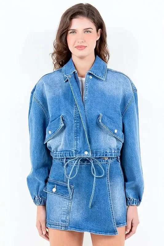 American Bazi Full Size Drop Shoulder Cropped Denim Jacket with Waist Strap Plus Size - ShalayeFashion