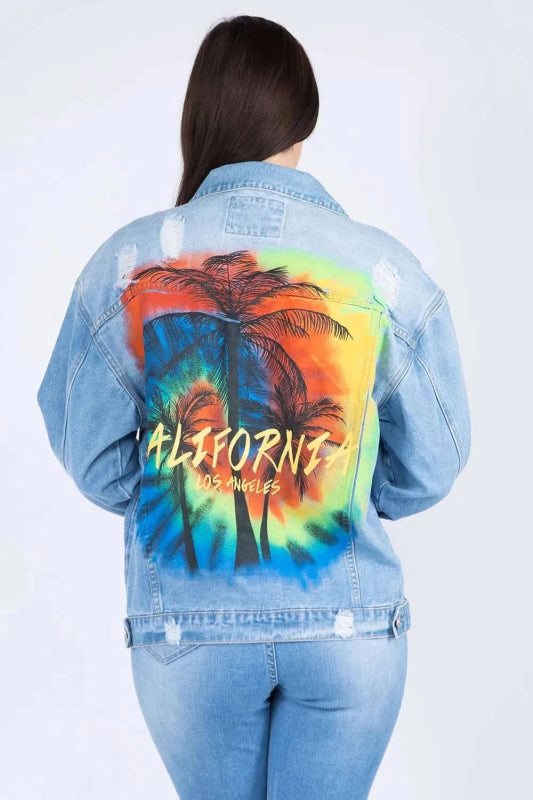 American Bazi Full Size Painted Back Distressed Denim Jacket - ShalayeFashion