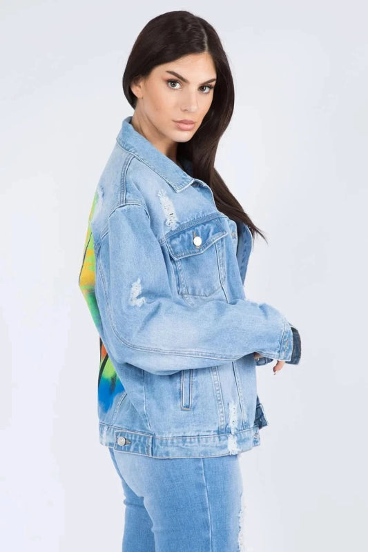 American Bazi Full Size Painted Back Distressed Denim Jacket - ShalayeFashion