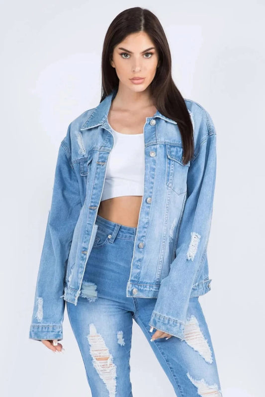 American Bazi Full Size Painted Back Distressed Denim Jacket - ShalayeFashion