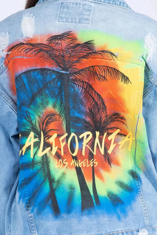 American Bazi Full Size Painted Back Distressed Denim Jacket - ShalayeFashion