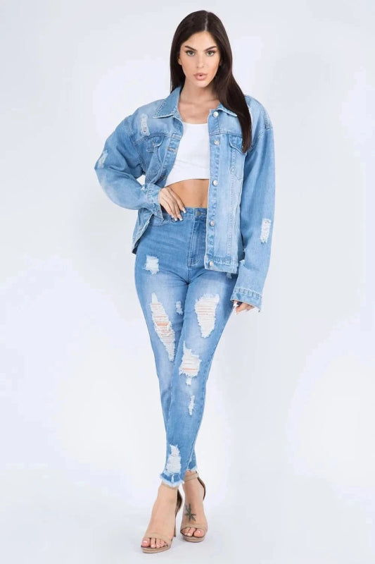 American Bazi Full Size Painted Back Distressed Denim Jacket - ShalayeFashion