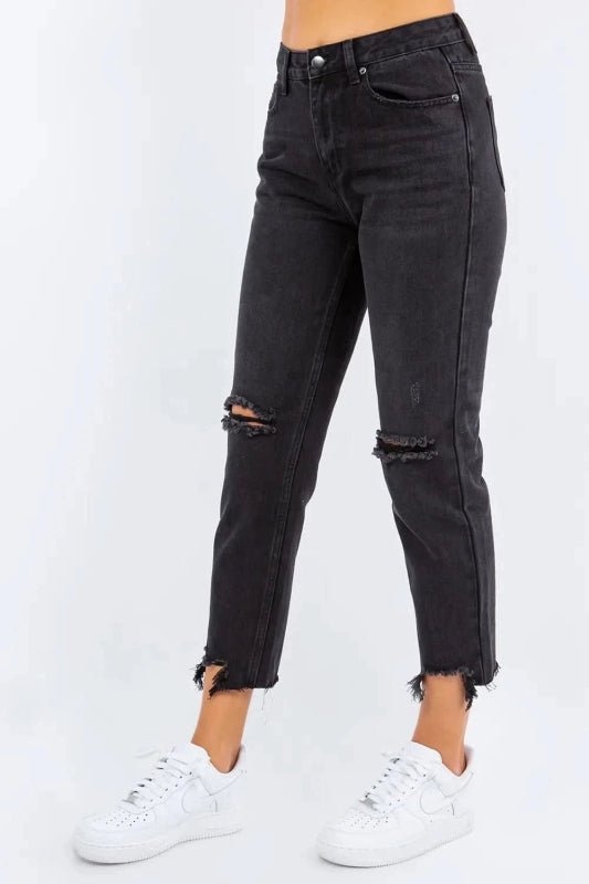 American Bazi High Waist Distressed Cropped Straight Jeans - ShalayeFashion