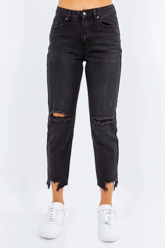 American Bazi High Waist Distressed Cropped Straight Jeans - ShalayeFashion