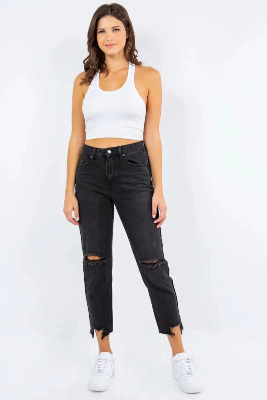 American Bazi High Waist Distressed Cropped Straight Jeans - ShalayeFashion