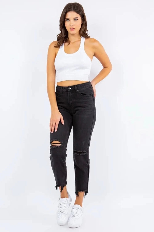 American Bazi High Waist Distressed Cropped Straight Jeans - ShalayeFashion