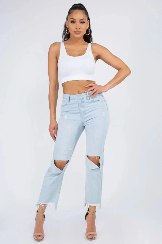 American Bazi High Waist Distressed Raw Hem Jeans - ShalayeFashion