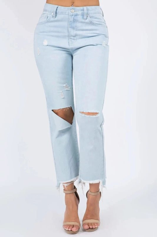 American Bazi High Waist Distressed Raw Hem Jeans - ShalayeFashion