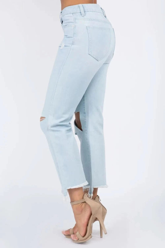 American Bazi High Waist Distressed Raw Hem Jeans - ShalayeFashion