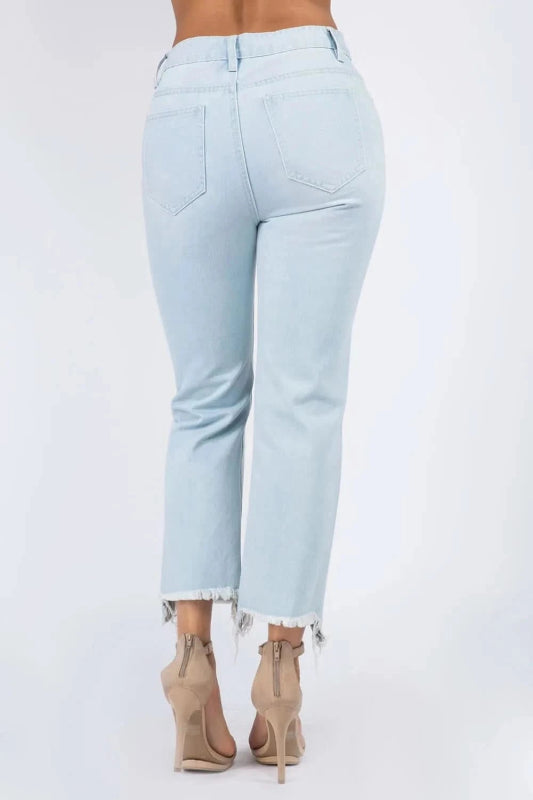 American Bazi High Waist Distressed Raw Hem Jeans - ShalayeFashion