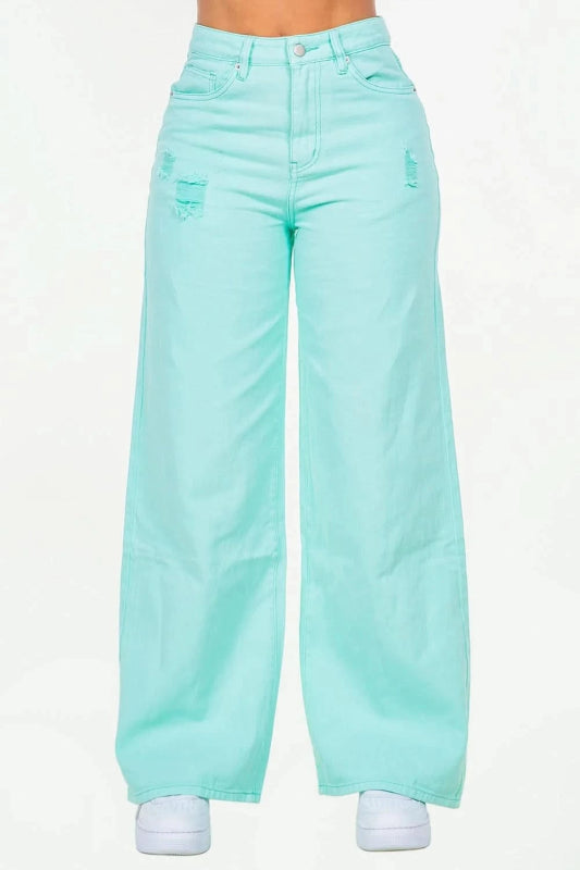 American Bazi High Waist Distressed Wide Leg Jeans - ShalayeFashion