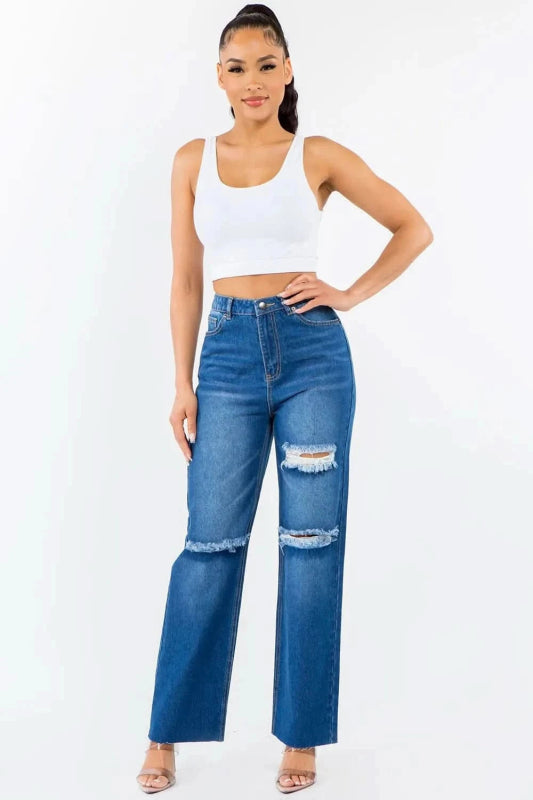 American Bazi High Waist Distressed Wide Leg Jeans - ShalayeFashion