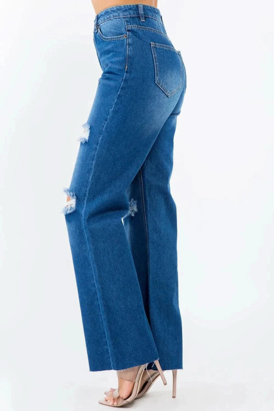 American Bazi High Waist Distressed Wide Leg Jeans - ShalayeFashion