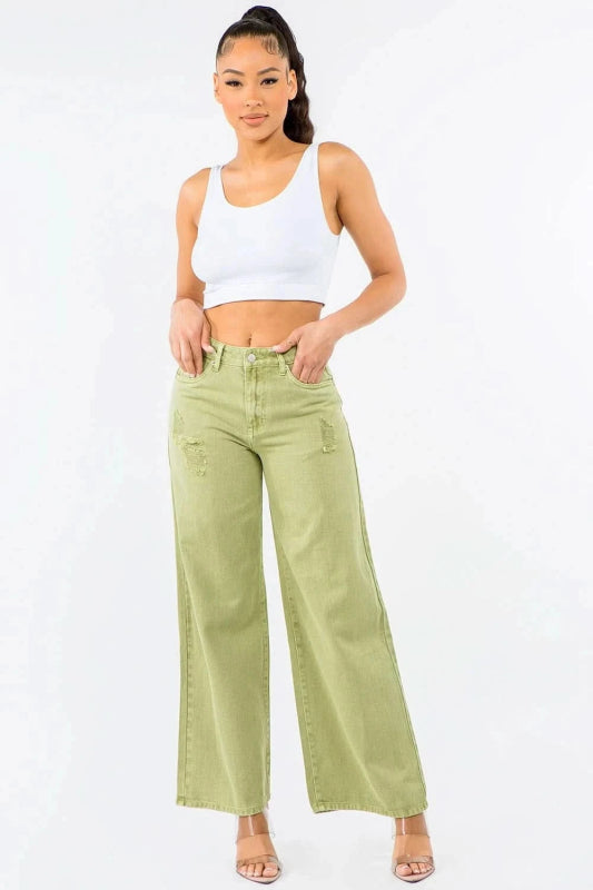 American Bazi High Waist Distressed Wide Leg Jeans - ShalayeFashion