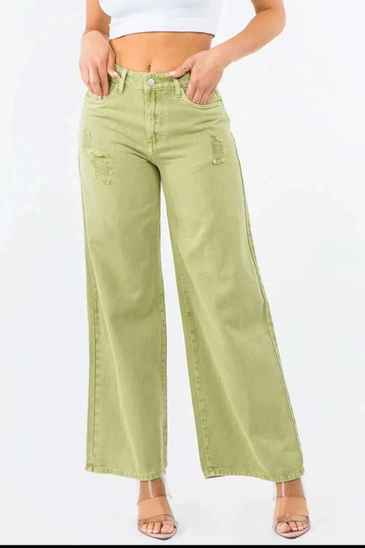 American Bazi High Waist Distressed Wide Leg Jeans - ShalayeFashion