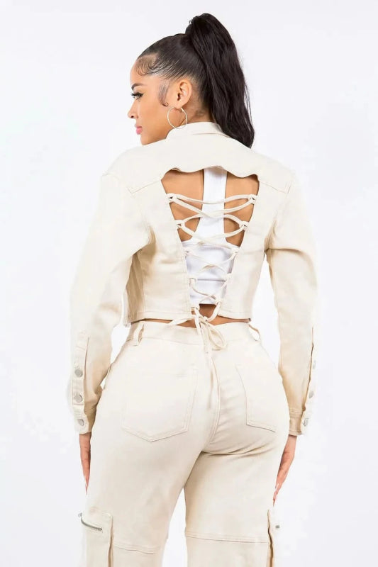 American Bazi Laced Back Cropped Jacket - ShalayeFashion