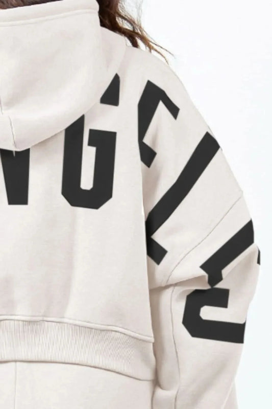 American Bazi Letter Graphic Long Sleeve Drawstring Cropped Hoodie - ShalayeFashion