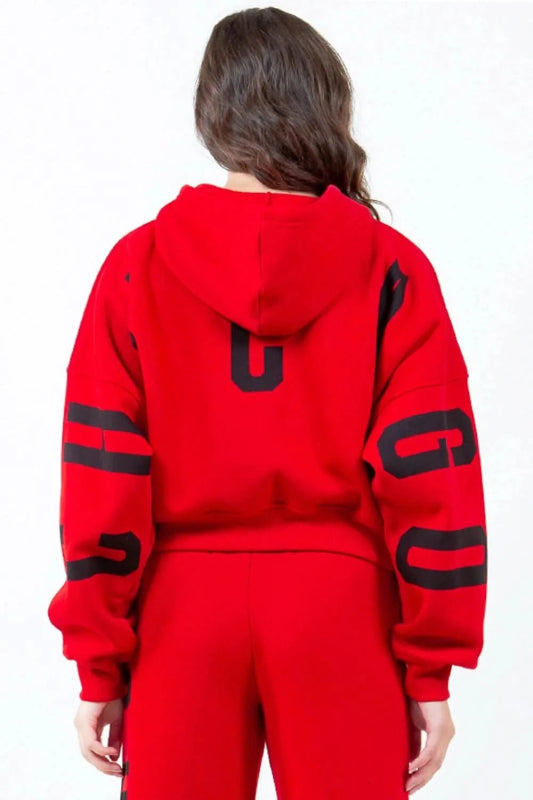American Bazi Letter Graphic Long Sleeve Drawstring Cropped Hoodie - ShalayeFashion