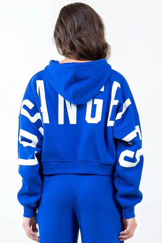 American Bazi Letter Graphic Long Sleeve Drawstring Cropped Hoodie - ShalayeFashion