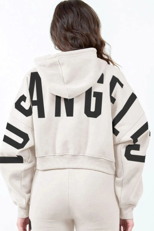 American Bazi Letter Graphic Long Sleeve Drawstring Cropped Hoodie - ShalayeFashion