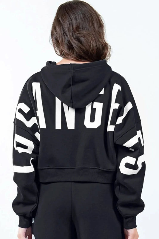 American Bazi Letter Graphic Long Sleeve Drawstring Cropped Hoodie - ShalayeFashion