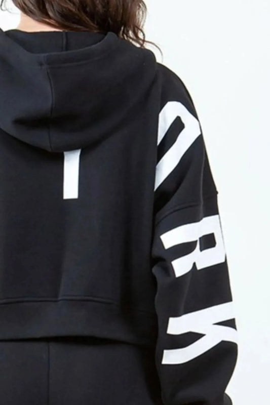 American Bazi Letter Graphic Long Sleeve Drawstring Cropped Hoodie - ShalayeFashion