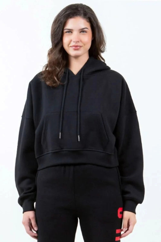American Bazi Letter Graphic Long Sleeve Drawstring Cropped Hoodie - ShalayeFashion
