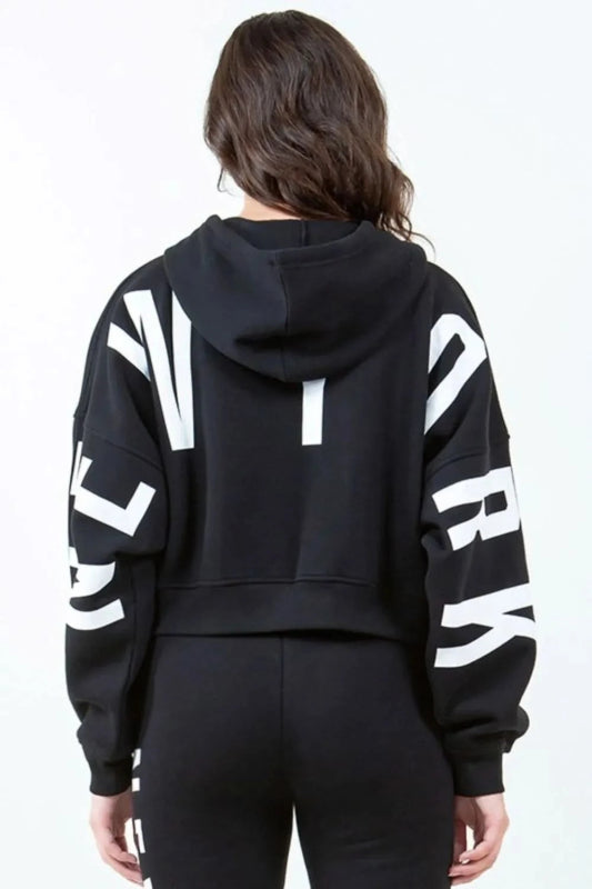 American Bazi Letter Graphic Long Sleeve Drawstring Cropped Hoodie - ShalayeFashion