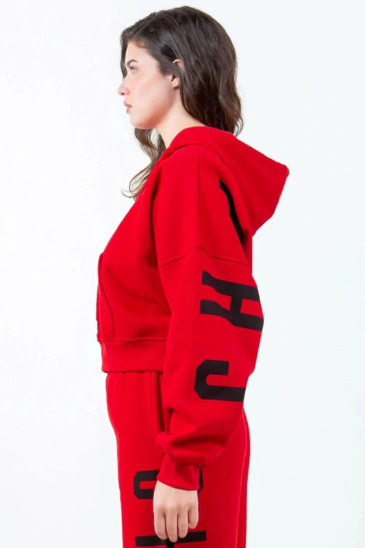 American Bazi Letter Graphic Long Sleeve Drawstring Cropped Hoodie - ShalayeFashion