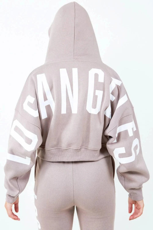 American Bazi Letter Graphic Long Sleeve Drawstring Cropped Hoodie - ShalayeFashion