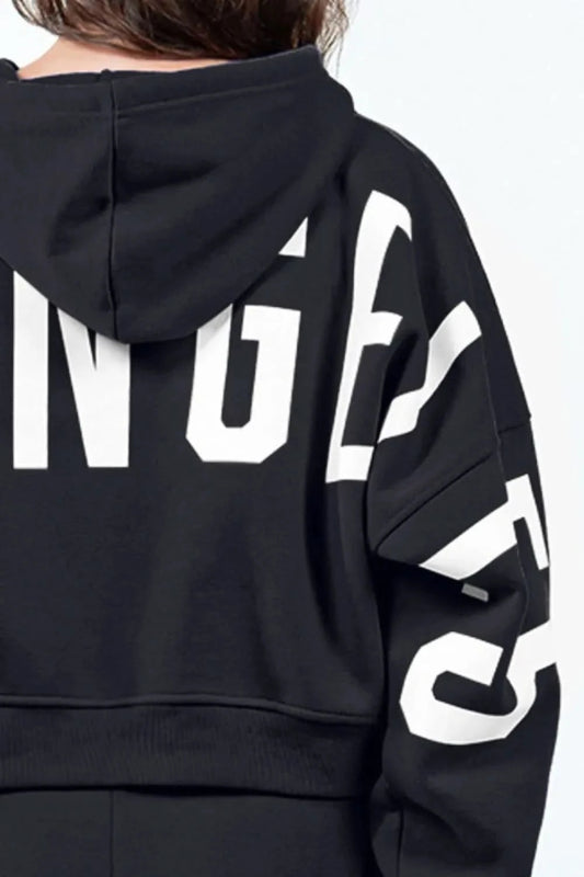 American Bazi Letter Graphic Long Sleeve Drawstring Cropped Hoodie - ShalayeFashion