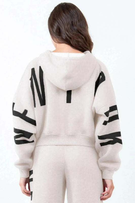 American Bazi Letter Graphic Long Sleeve Drawstring Cropped Hoodie - ShalayeFashion