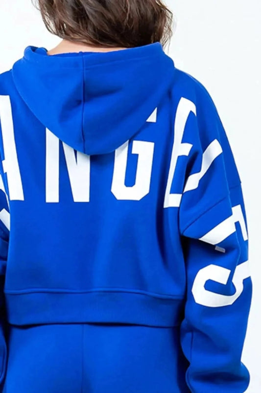 American Bazi Letter Graphic Long Sleeve Drawstring Cropped Hoodie - ShalayeFashion