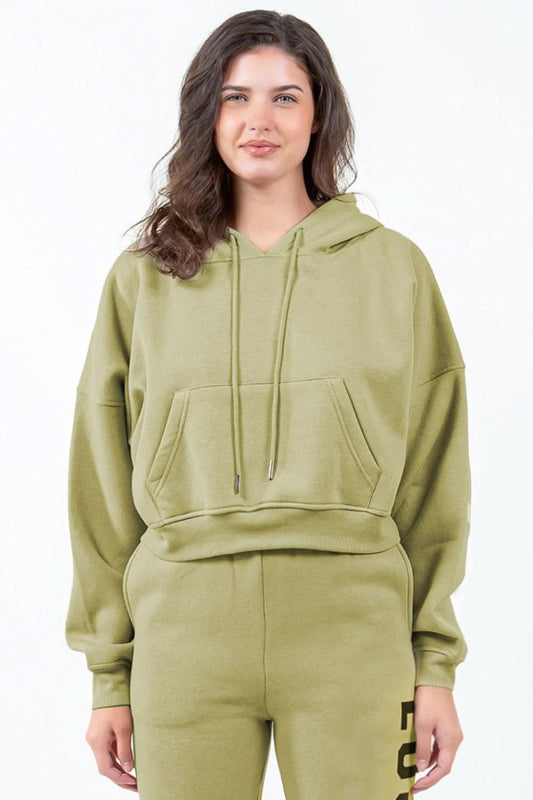American Bazi Letter Graphic Long Sleeve Drawstring Cropped Hoodie - ShalayeFashion