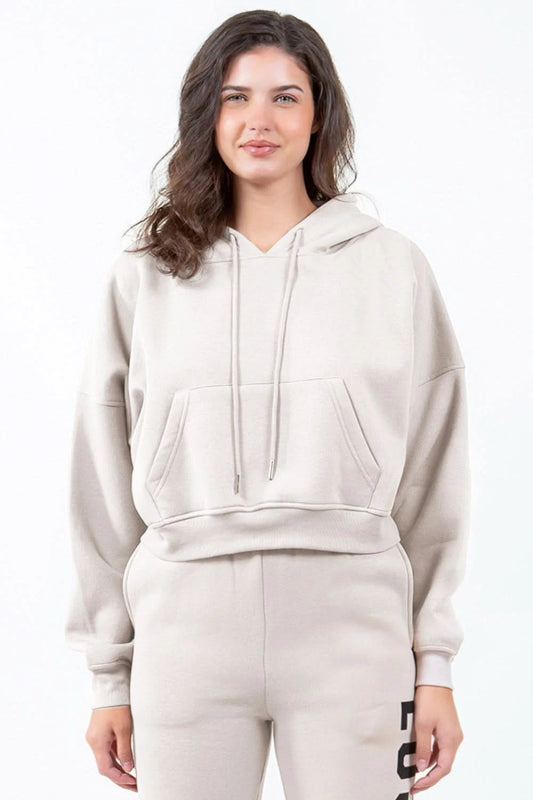 American Bazi Letter Graphic Long Sleeve Drawstring Cropped Hoodie - ShalayeFashion