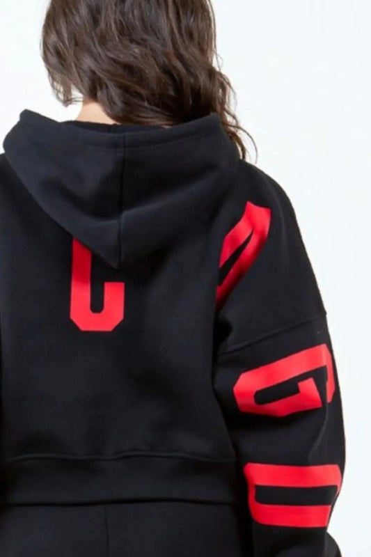 American Bazi Letter Graphic Long Sleeve Drawstring Cropped Hoodie - ShalayeFashion