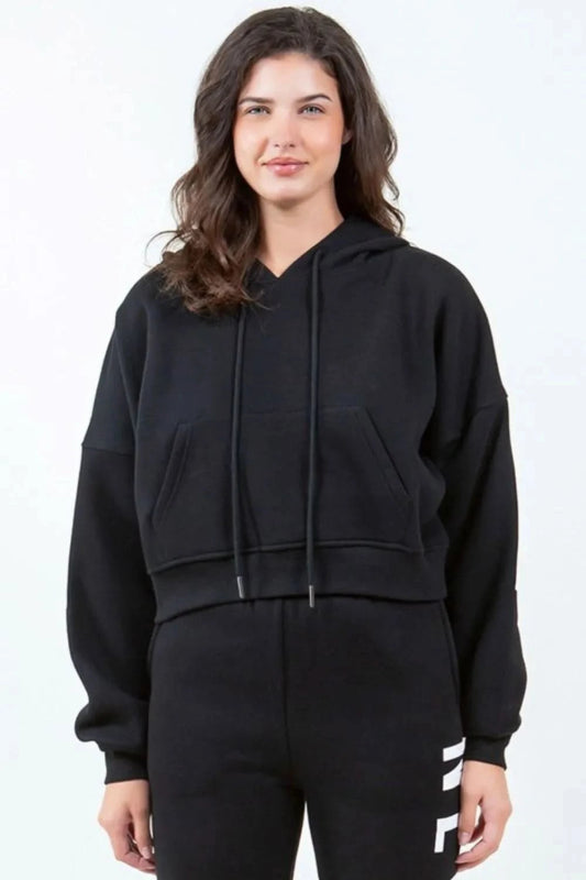 American Bazi Letter Graphic Long Sleeve Drawstring Cropped Hoodie - ShalayeFashion
