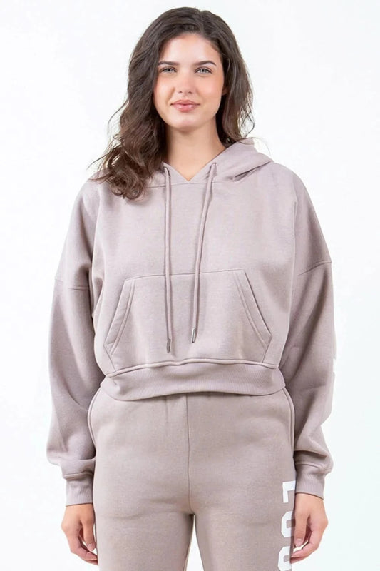 American Bazi Letter Graphic Long Sleeve Drawstring Cropped Hoodie - ShalayeFashion