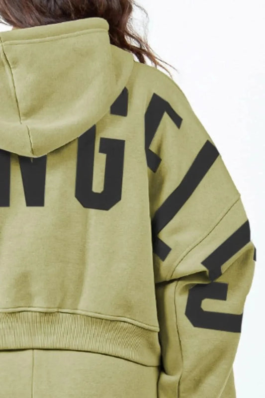 American Bazi Letter Graphic Long Sleeve Drawstring Cropped Hoodie - ShalayeFashion