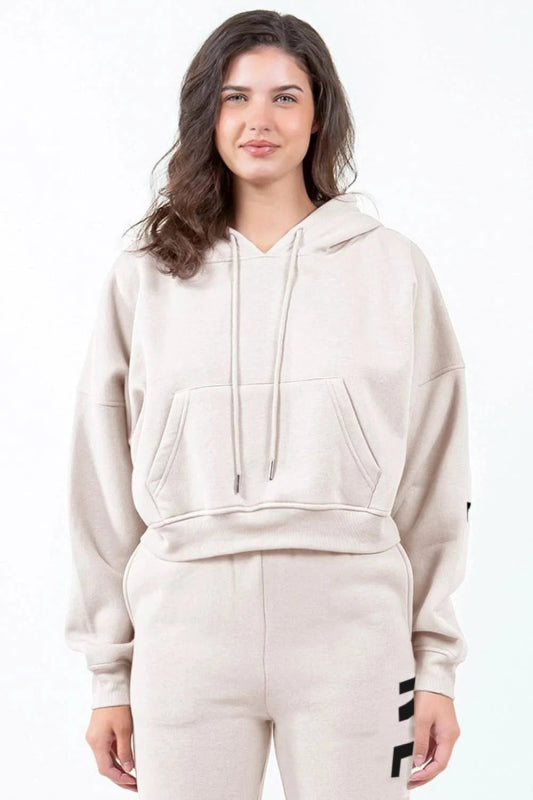 American Bazi Letter Graphic Long Sleeve Drawstring Cropped Hoodie - ShalayeFashion