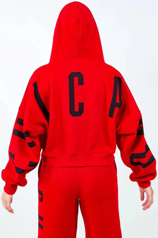 American Bazi Letter Graphic Long Sleeve Drawstring Cropped Hoodie - ShalayeFashion